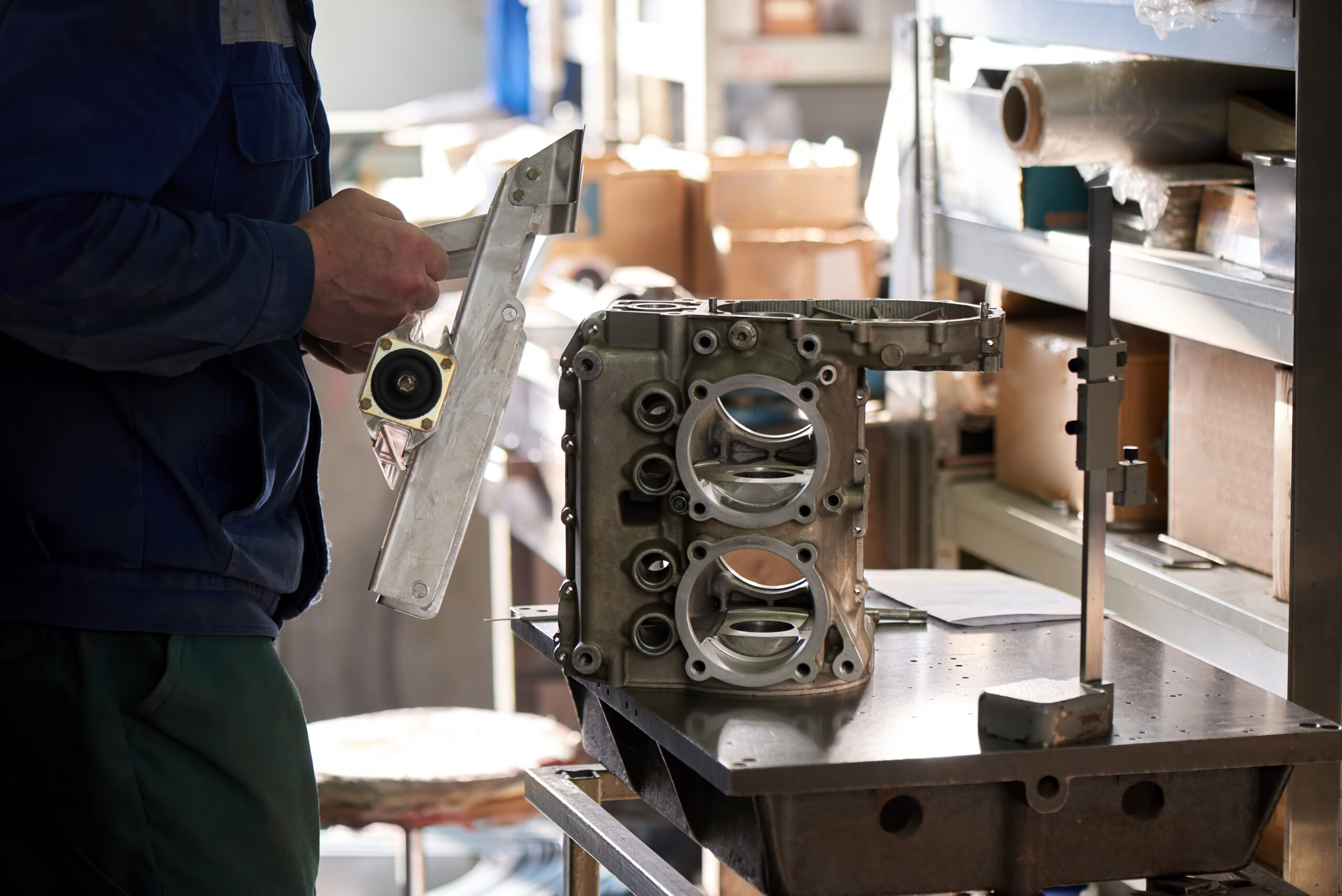 Worker is connecting one metal detail to another.